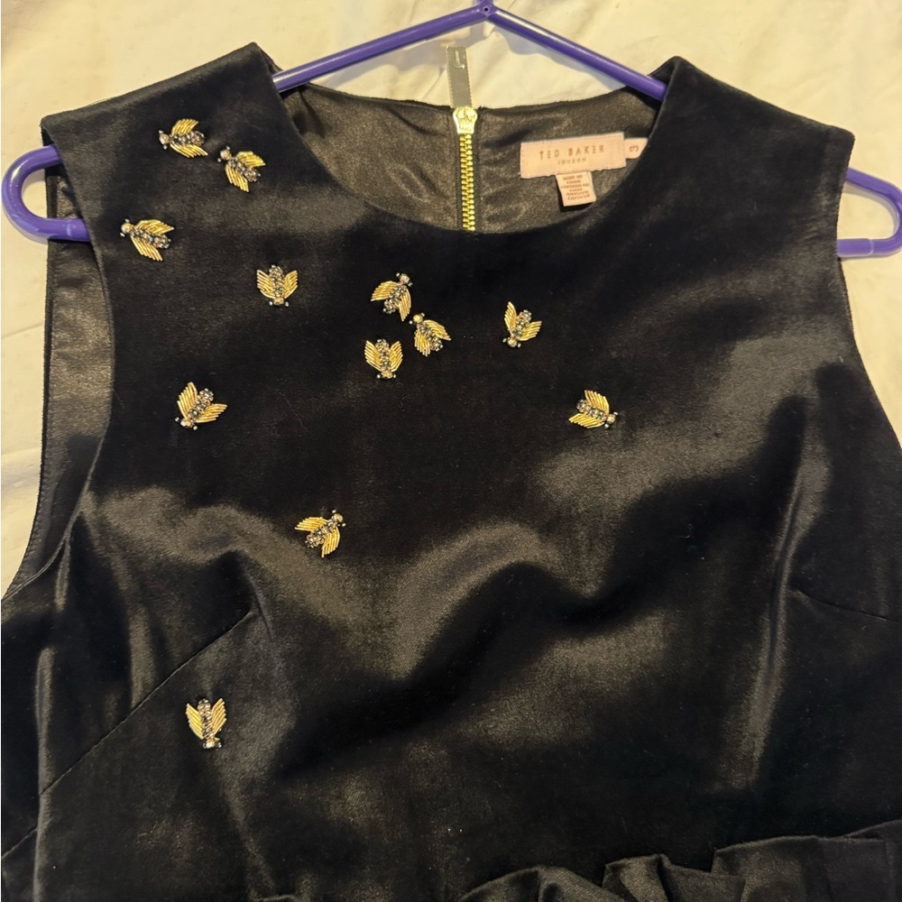 Ted Baker Black Velvet Dress with Gold Embroidery